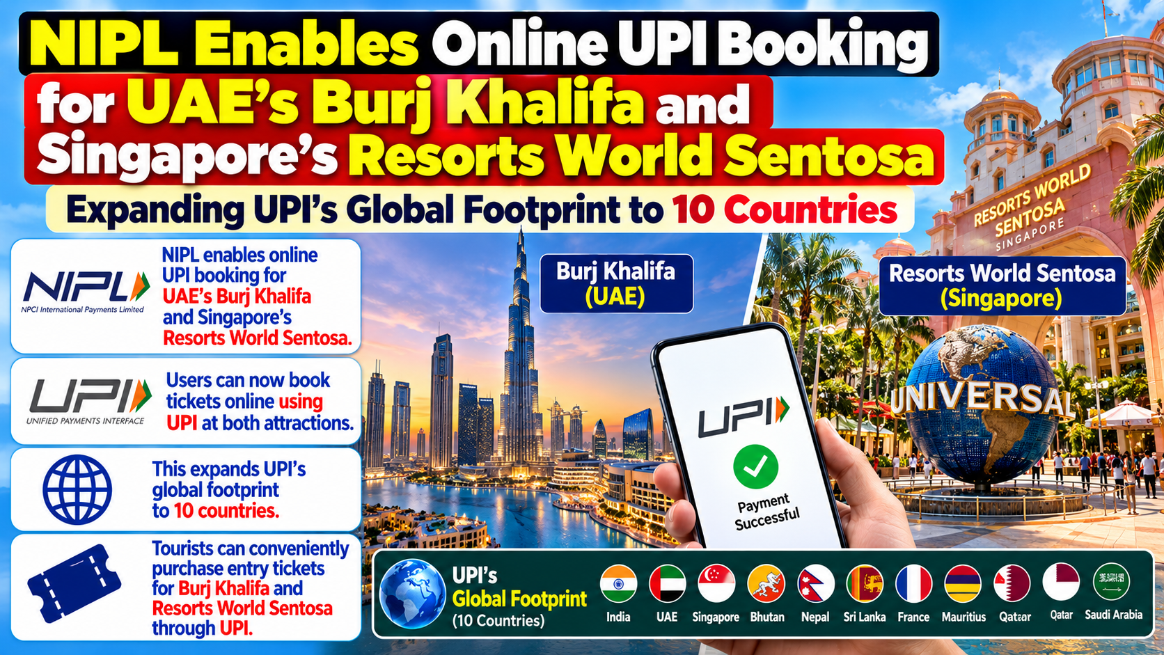 UPI Acceptance Enabled for Online Bookings at At the Top, Burj Khalifa and Resorts World Sentosa