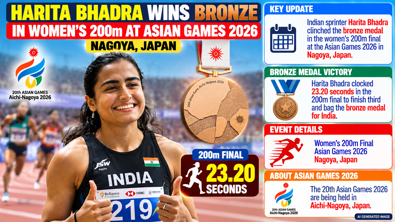 Asian Games 2026: Harita Bhadra Wins Bronze Medal in Women's 200m
