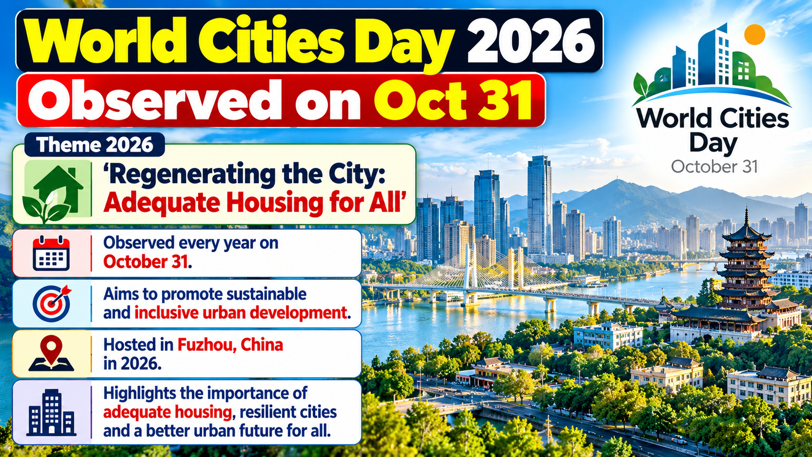 World Cities Day 2026 Observed Globally on October 31; Hosted by Fuzhou, China