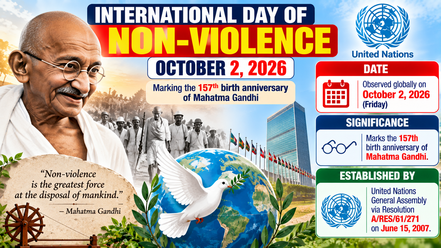 International Day of Non-Violence 2026: Commemorating the 157th Birth Anniversary of Mahatma Gandhi