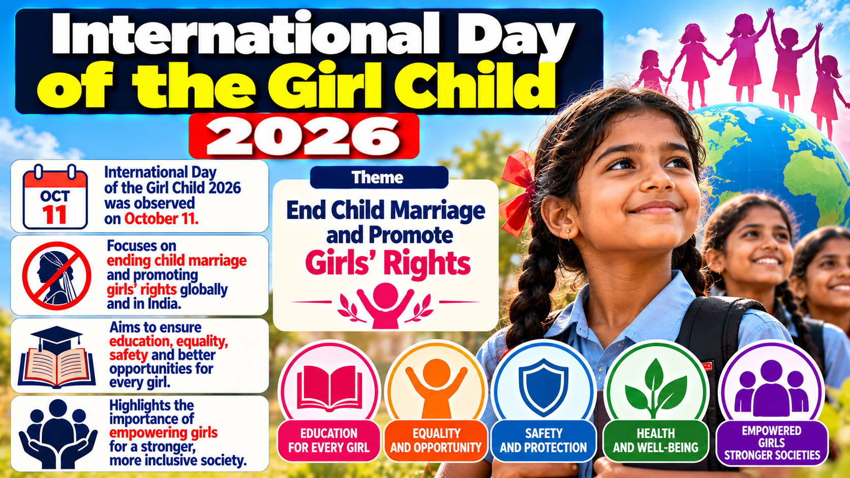 International Day of the Girl Child 2026 Observed Globally on October 11 Under Theme "End child marriage and invest in girls' rights!"