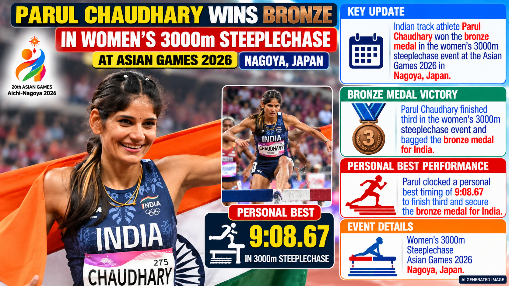 Asian Games 2026: Parul Chaudhary Wins Bronze in Women's 3000m Steeplechase