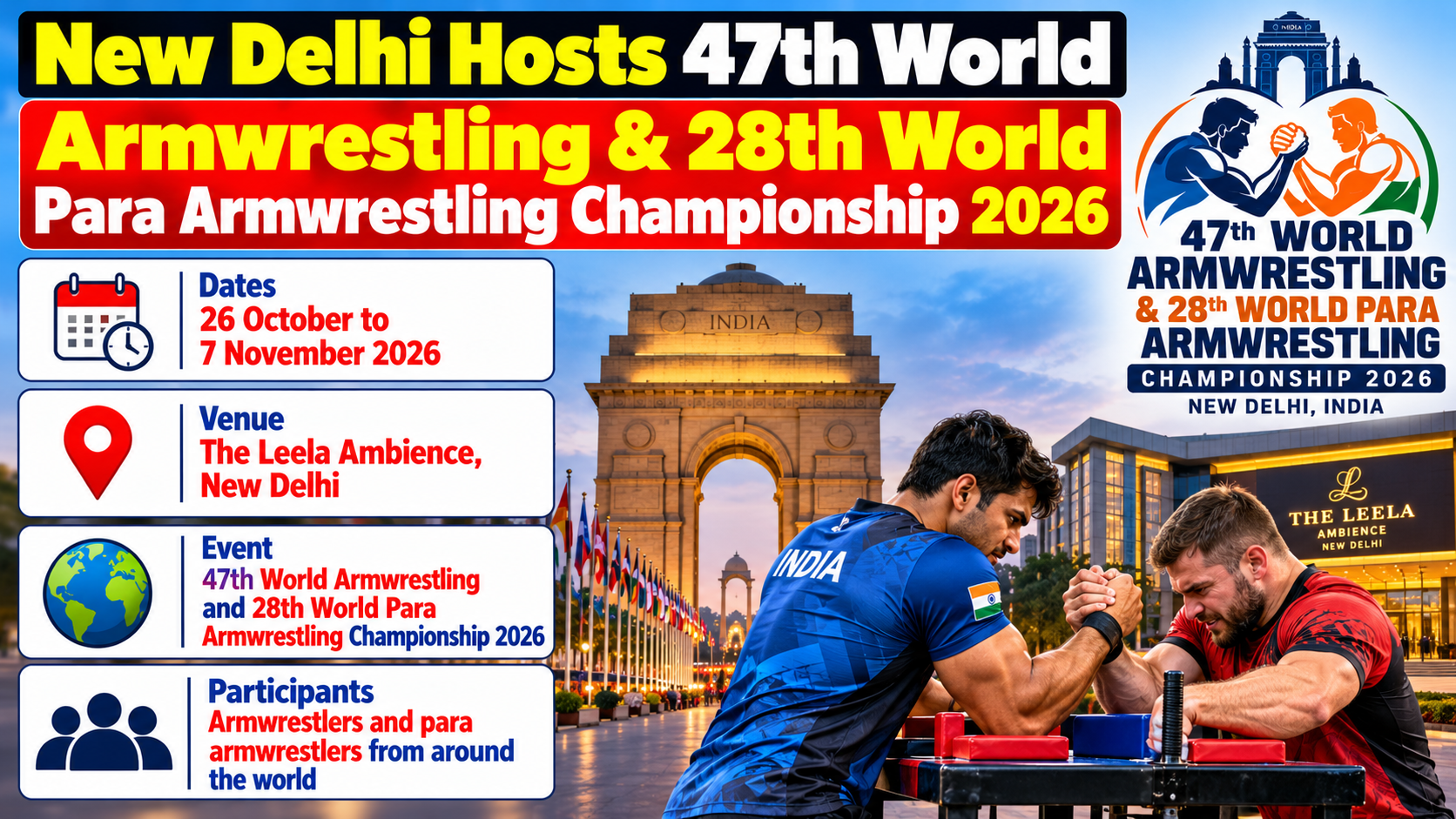 New Delhi Hosts 47th World Armwrestling and 28th World Para Armwrestling Championship 2026