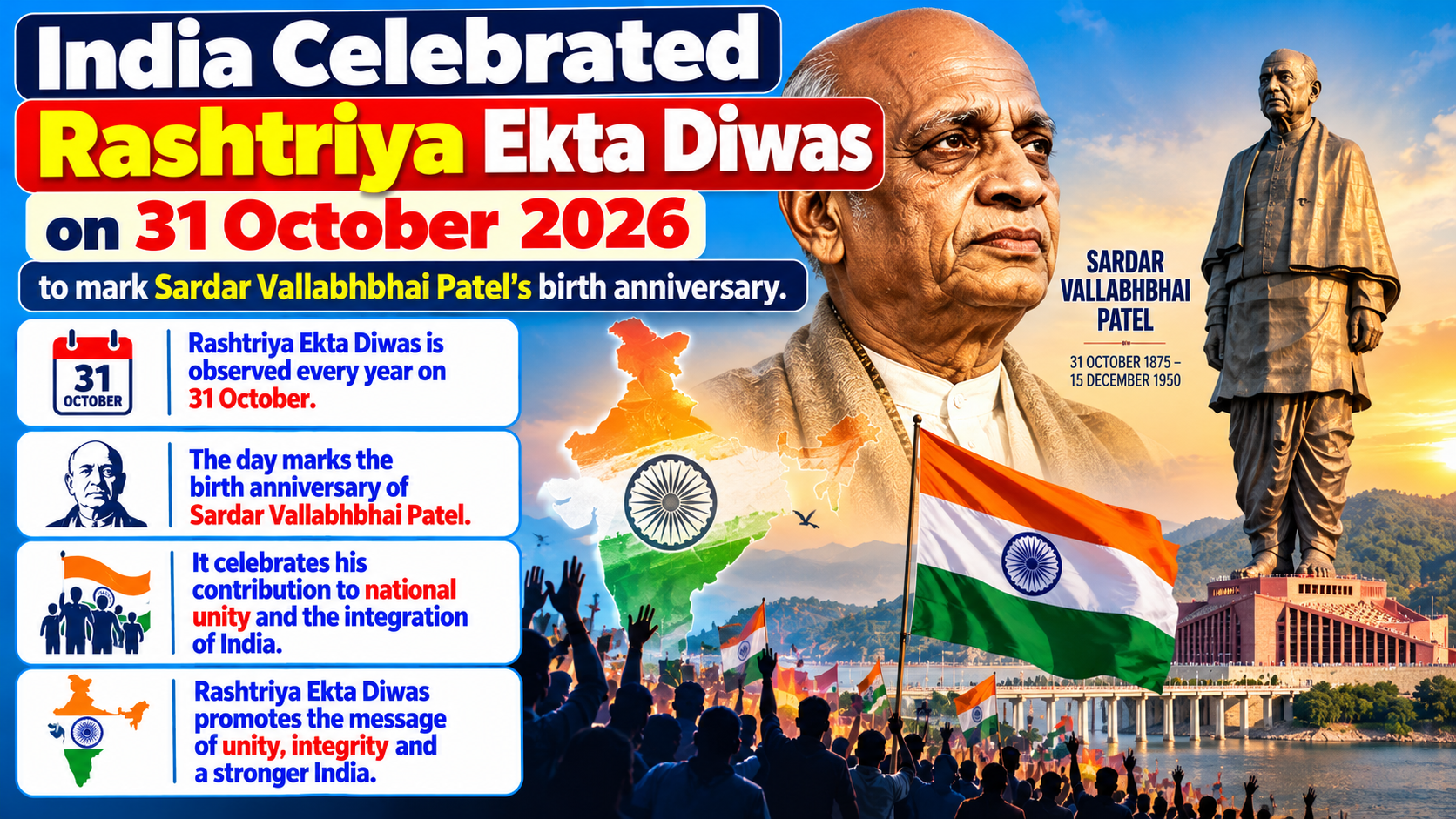 India Celebrates Rashtriya Ekta Diwas 2026 on October 31 to Mark Sardar Vallabhbhai Patel's Birth Anniversary