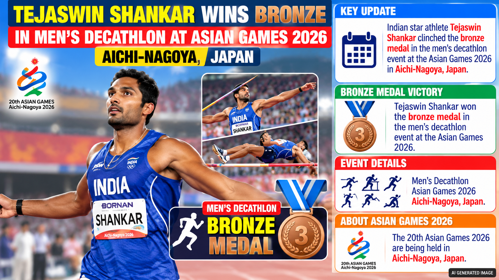 Asian Games 2026: Tejaswin Shankar Wins Bronze in Men's Decathlon, Creates History