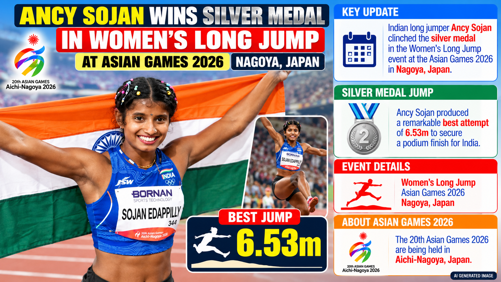 Asian Games 2026: Ancy Sojan Soars to Silver in Women’s Long Jump