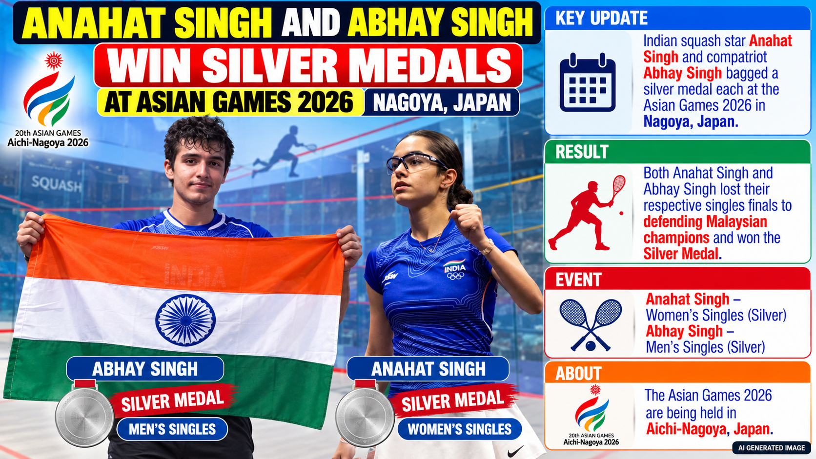 Asian Games 2026: Anahat Singh and Abhay Singh Settle for Silver in Squash