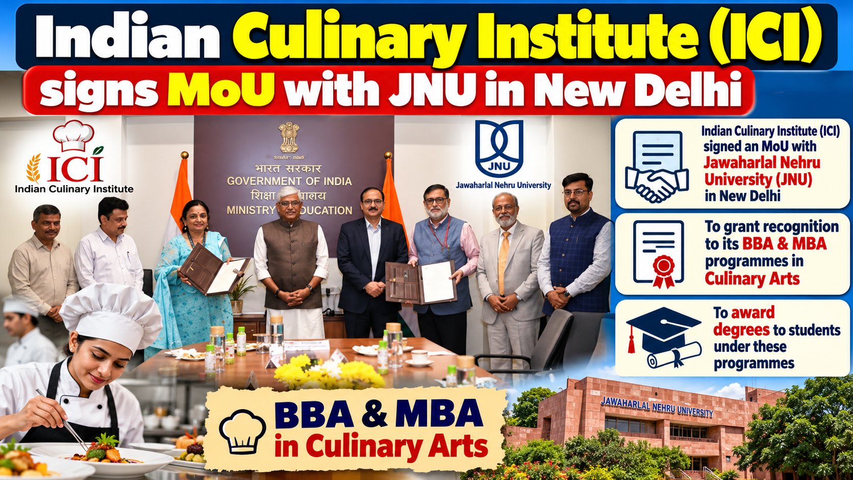 Indian Culinary Institute Signs MoU with JNU for Academic Recognition of BBA and MBA Programmes