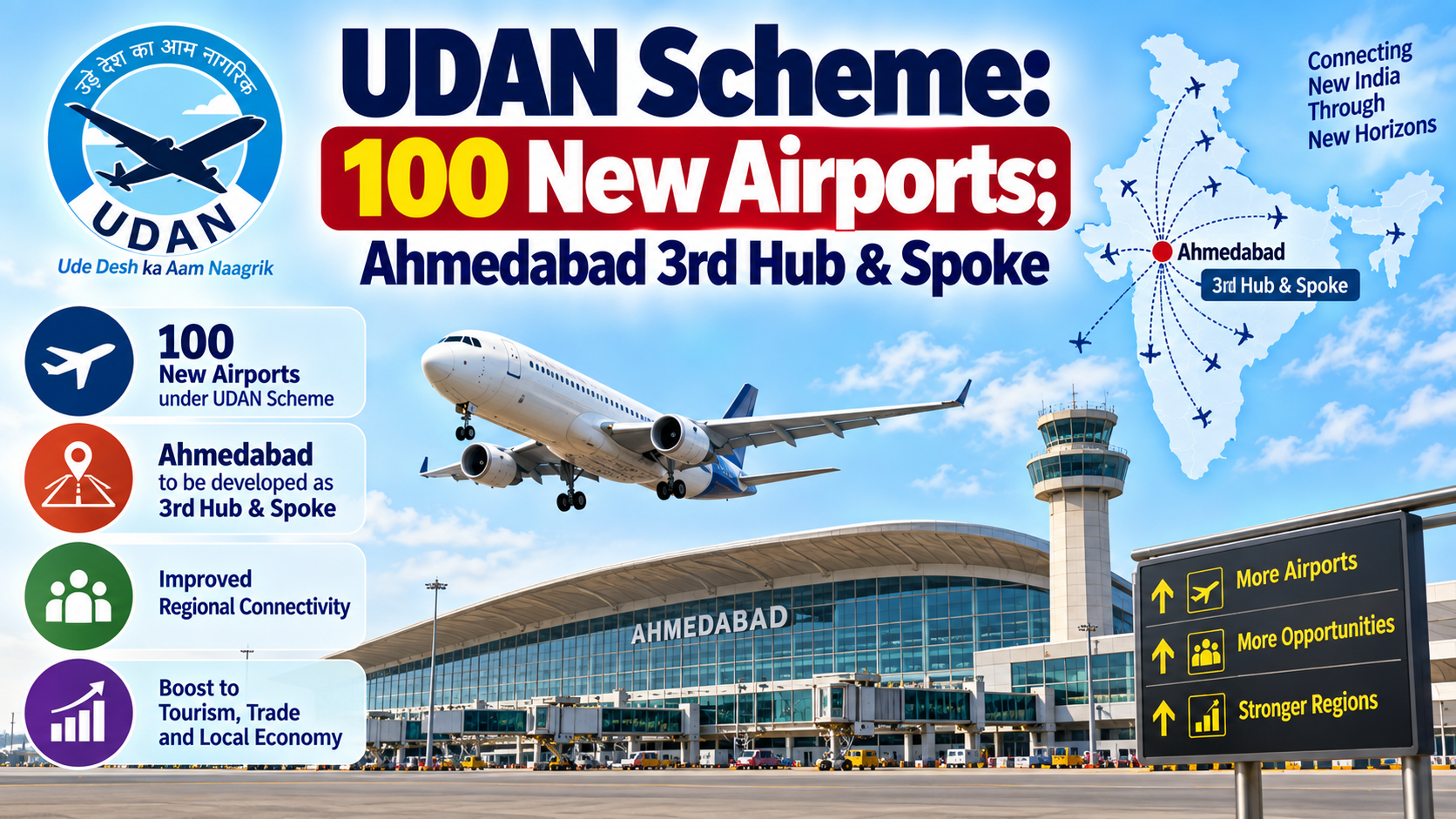 UDAN Scheme: 100 New Airports; Ahmedabad 3rd Hub & Spoke