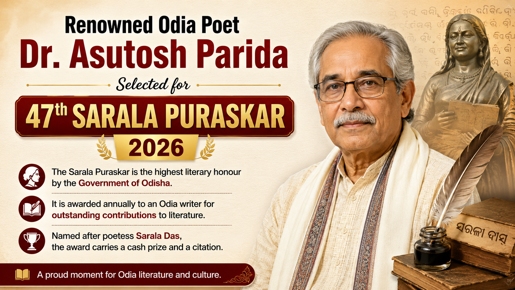 Renowned Odia Poet Dr. Asutosh Parida Selected for 47th Sarala Puraskar 2026