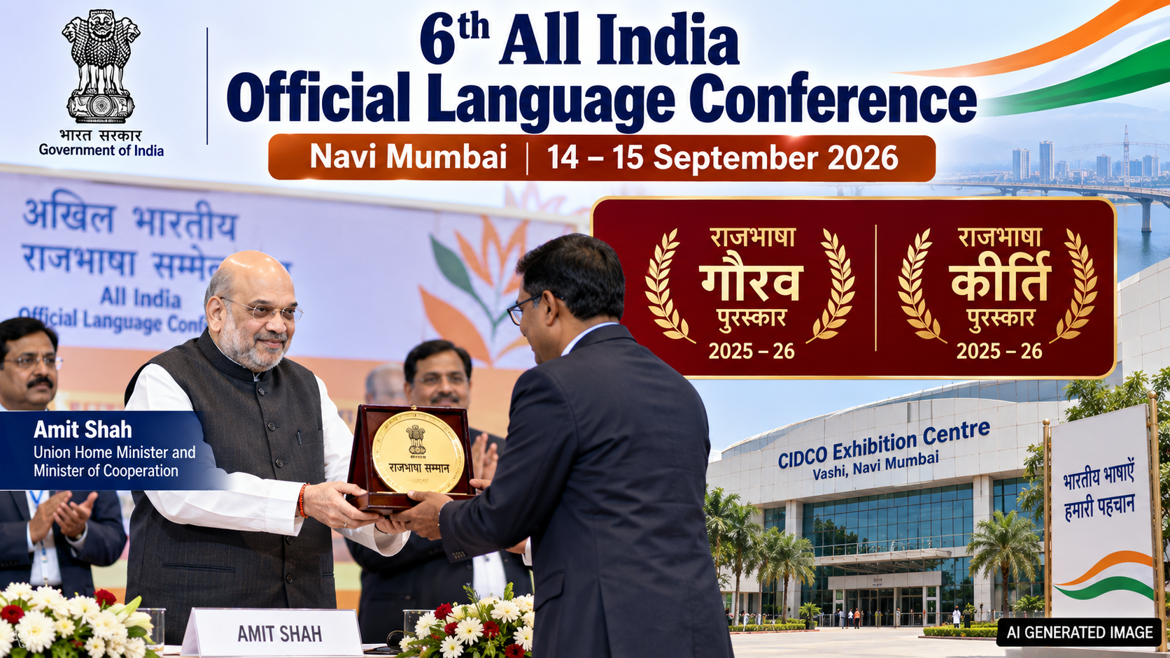 Amit Shah Presents Rajbhasha Gaurav, Rajbhasha Kirti Awards in Navi Mumbai