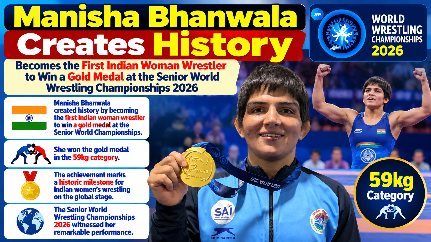 Manisha Bhanwala Scripts History, Becomes First Indian Woman to Win Gold at Senior World Wrestling Championships