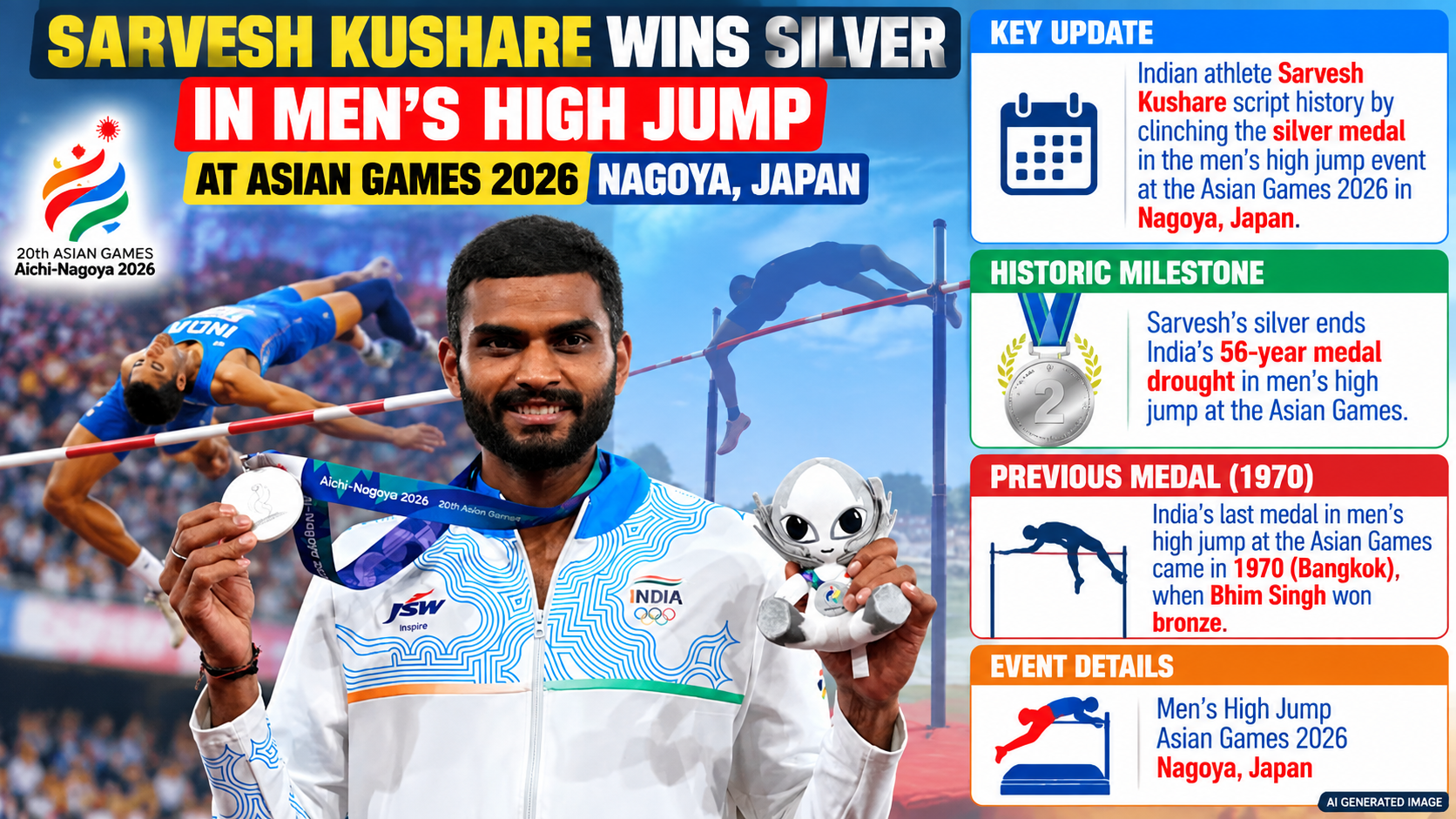 Asian Games 2026: Sarvesh Kushare Scripts History, Ends 56-Year Wait with Silver in Men's High Jump