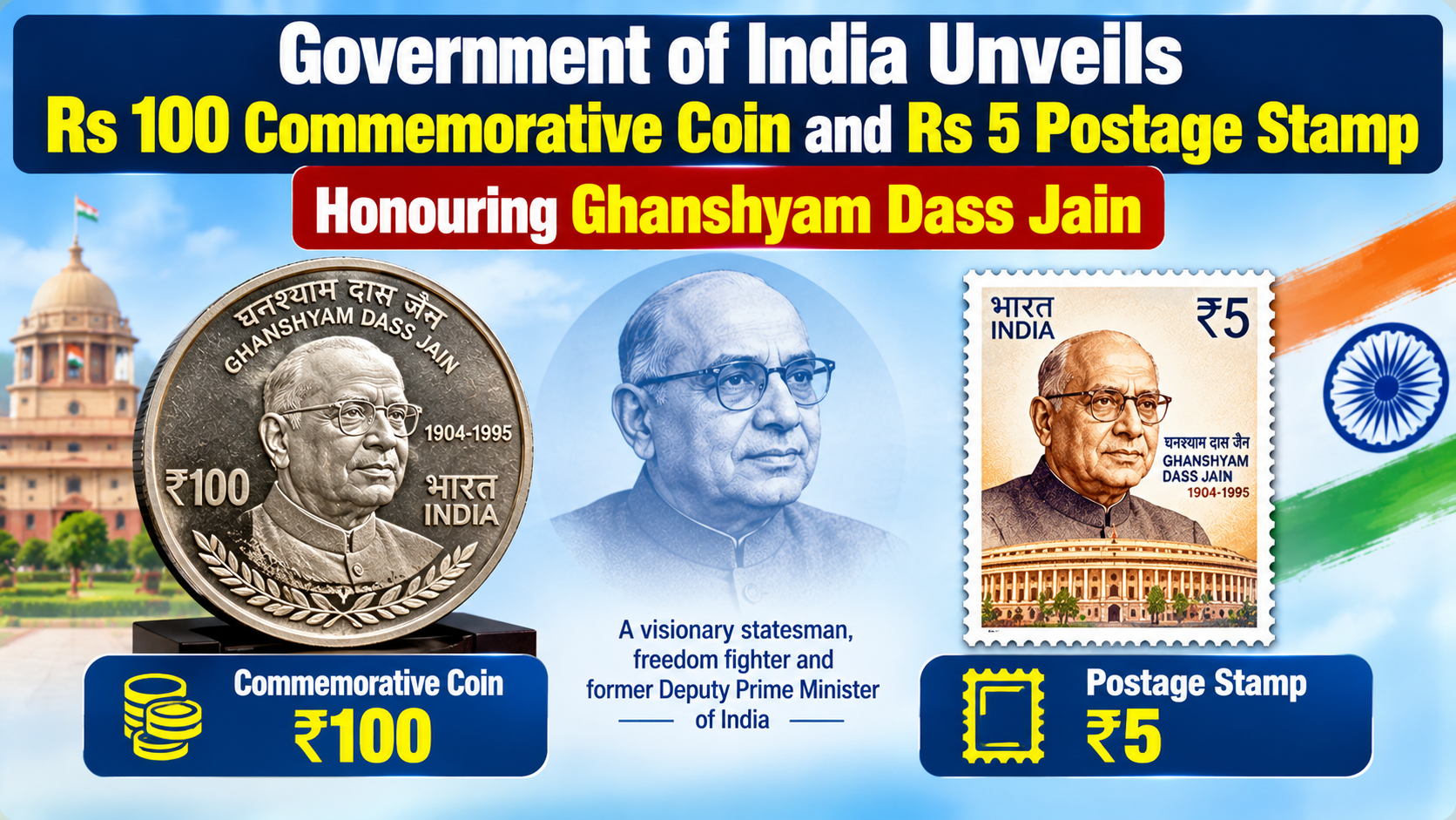 Government of India Unveils Rs 100 Commemorative Coin and Rs 5 Postage Stamp Honouring Ghanshyam Dass Jain