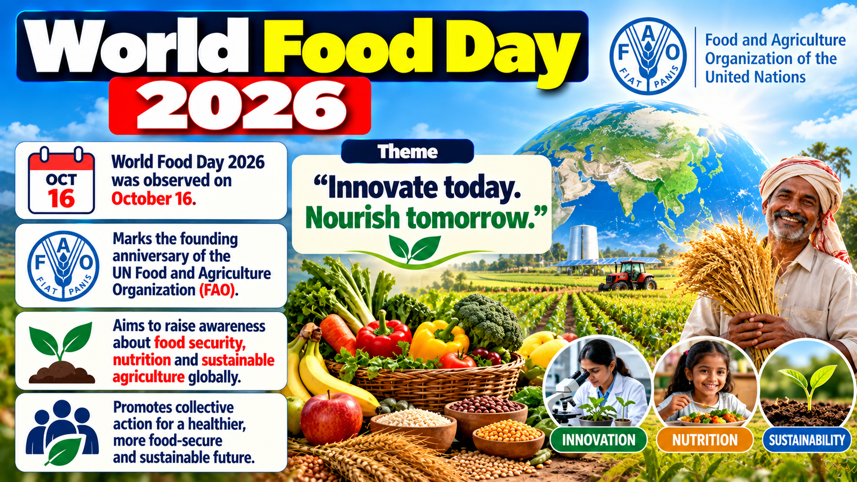 World Food Day 2026 Observed Globally on October 16 Under Theme "Innovate today. Nourish tomorrow."