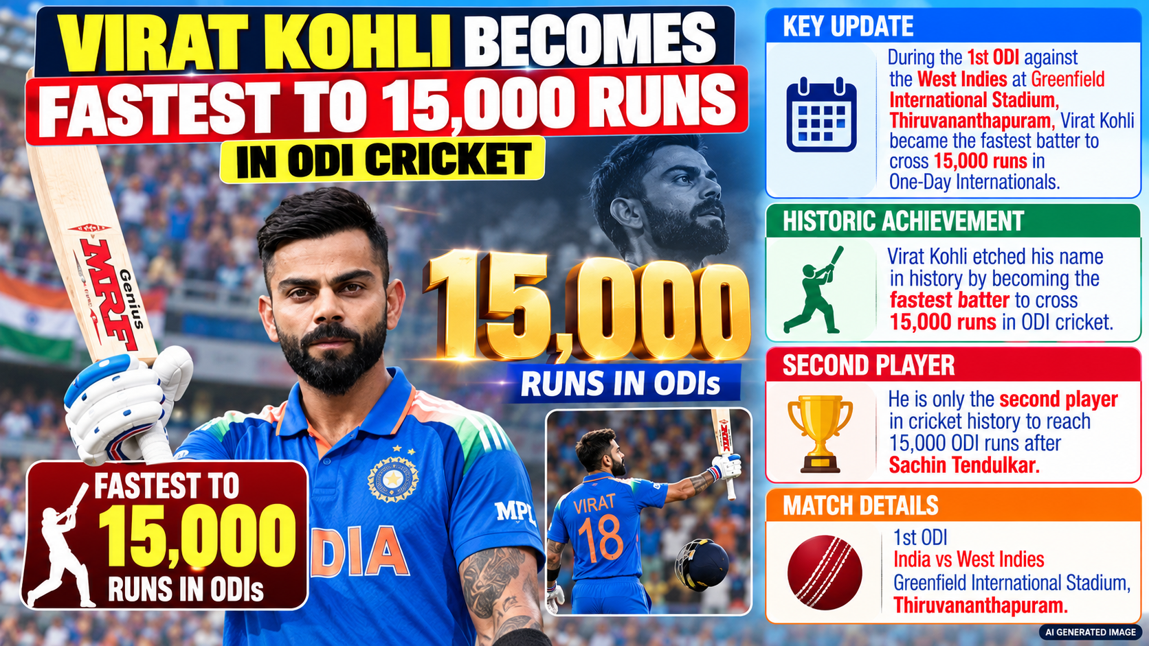 Virat Kohli Becomes Fastest to 15,000 ODI Runs: Shatters Records Against WI