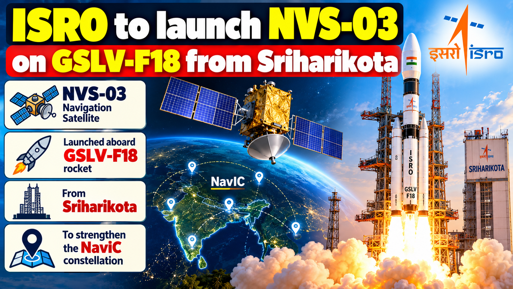 ISRO to Launch Navigation Satellite NVS-03 Aboard GSLV-F18 Rocket from Sriharikota