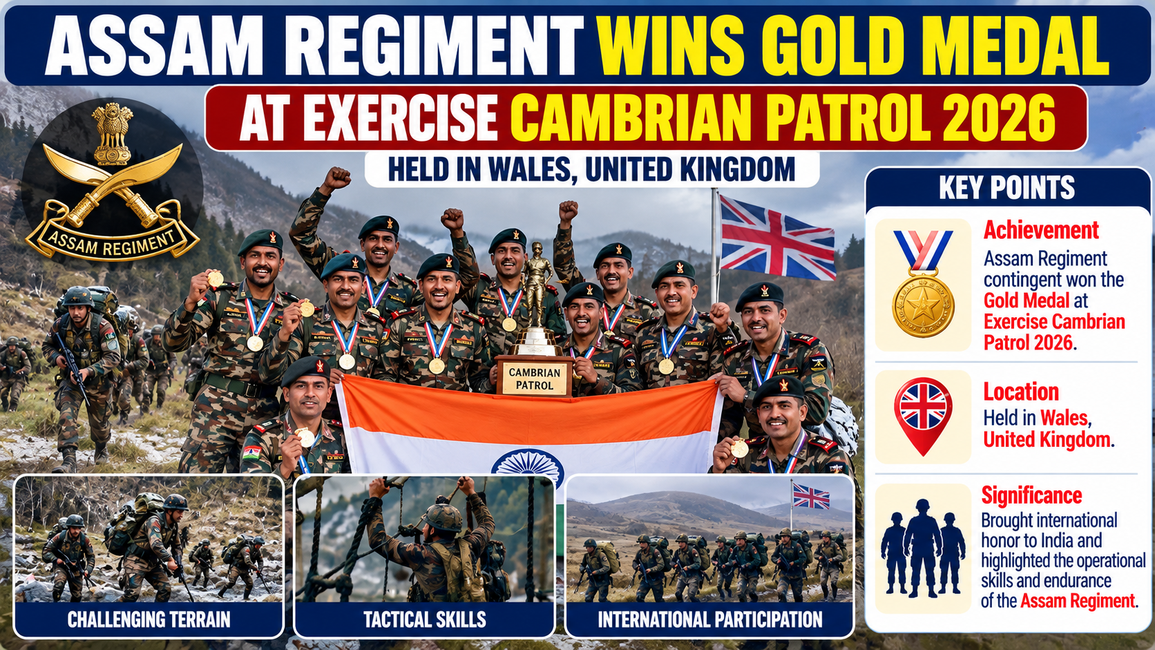 Indian Army’s Assam Regiment Wins Gold Medal at Exercise Cambrian Patrol 2026 in Wales