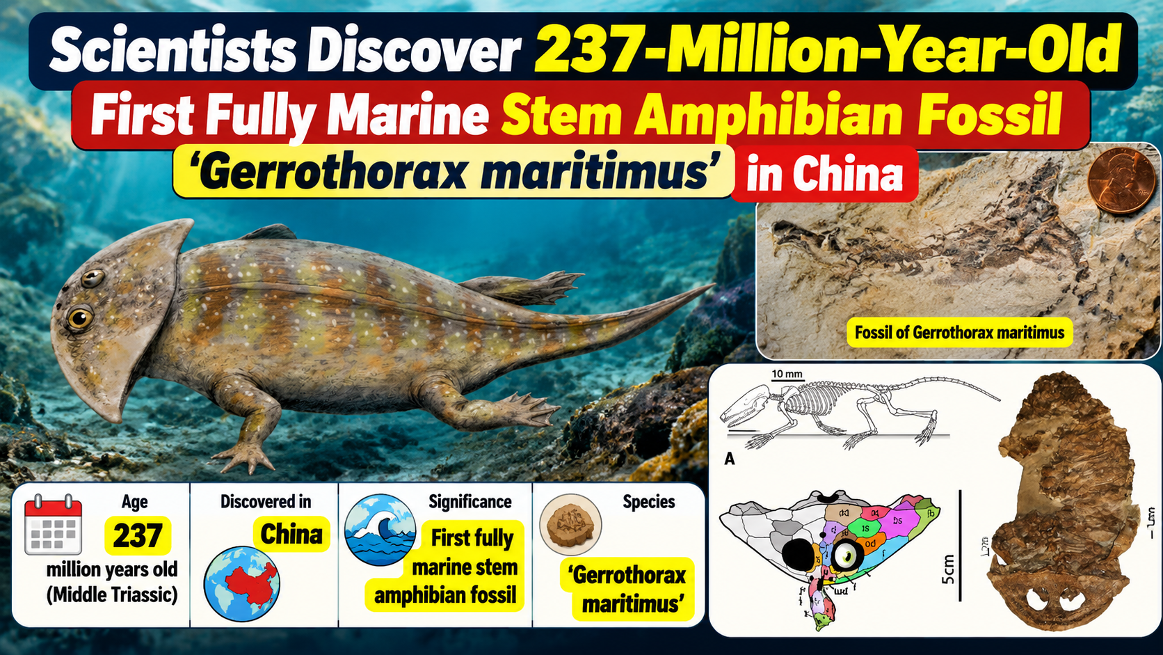 Scientists Discover 237-Million-Year-Old First Fully Marine Stem Amphibian Fossil 'Gerrothorax maritimus' in China
